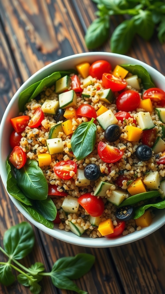 Wholesome Dinner Ideas for a Healthy Lifestyle A nutritious quinoa salad with colorful vegetables on a rustic wooden table.